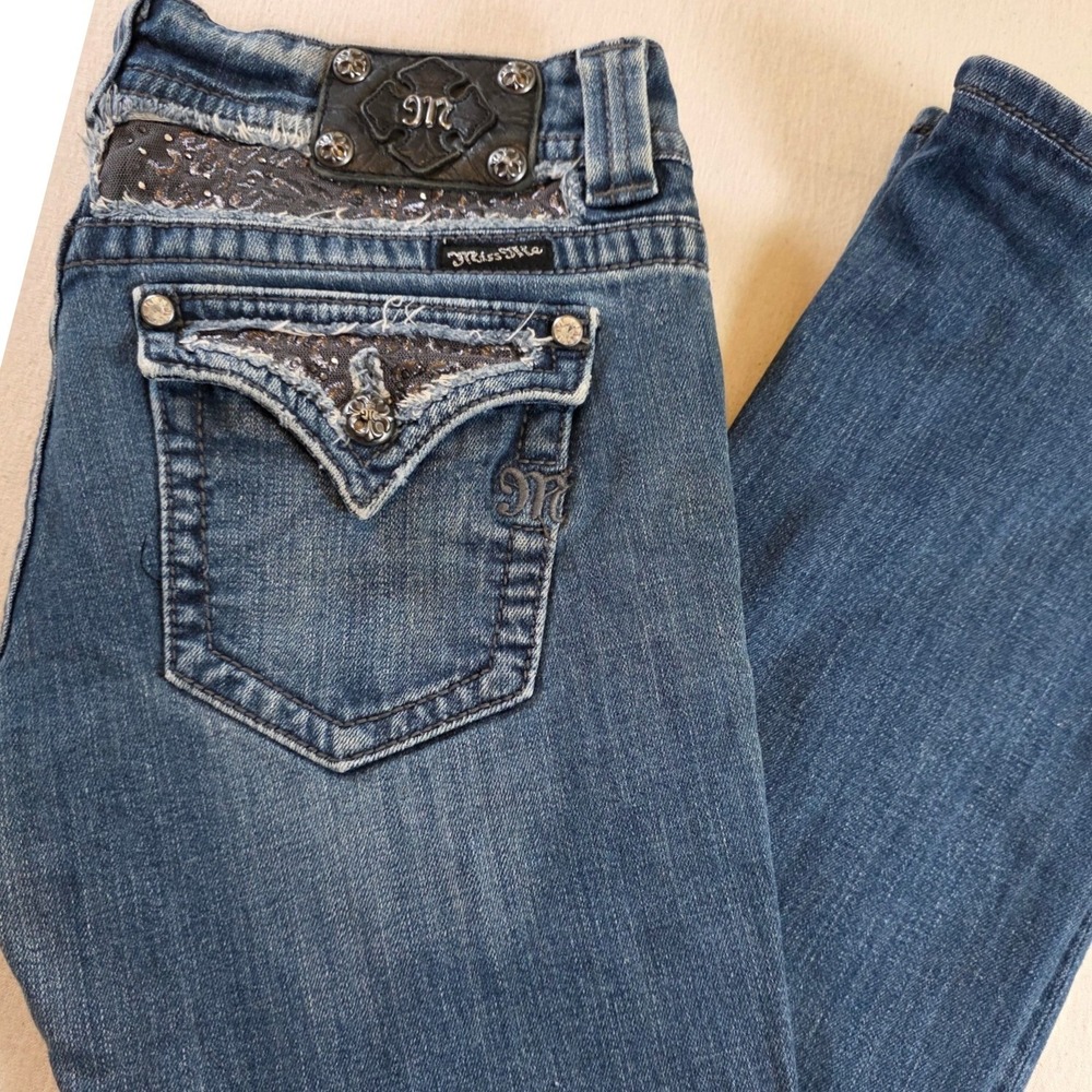 Miss Me Women 30 Blue Bootcut Sequin Distressed Flap Pocket Jeans Western Bling